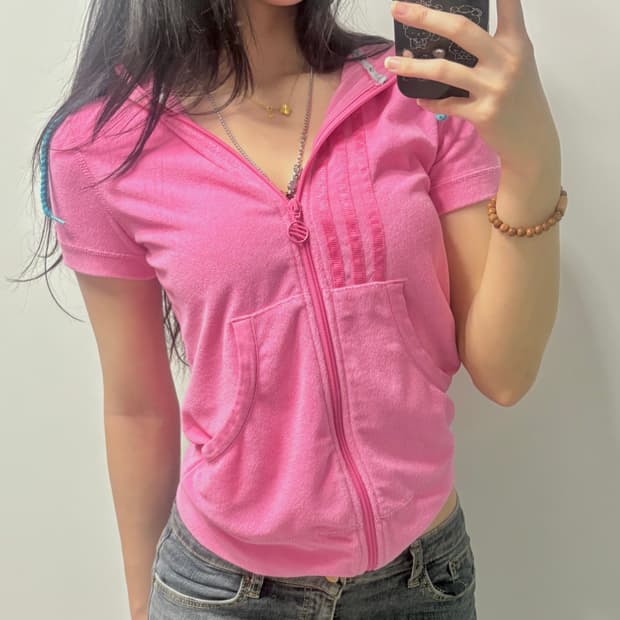 Adisas 네오라벨 트랙 스포티 핫핑크 반팔 후드집업 