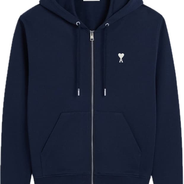 아미 스몰 하트 로고 루프백 오가닉 코튼 플리스 후드 집업 나이트 블루