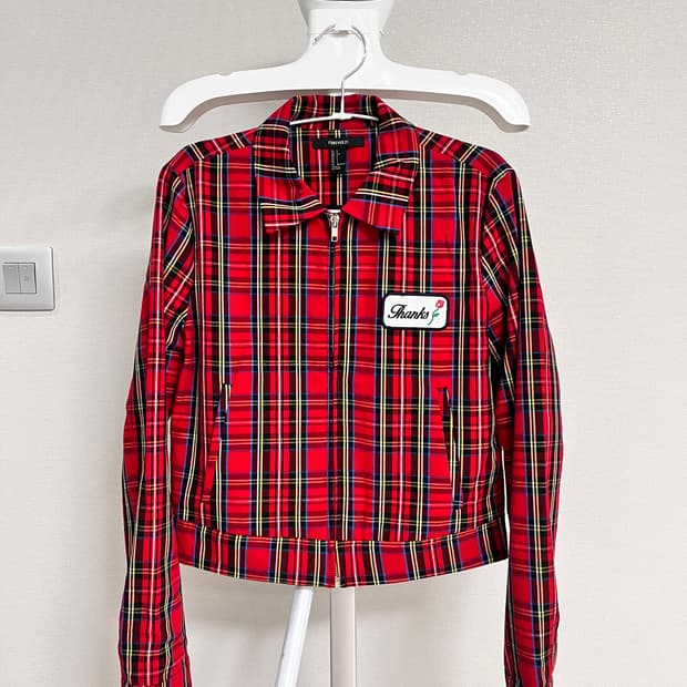 포에버 21 하이틴 체크 레드 장미 블루종 자켓