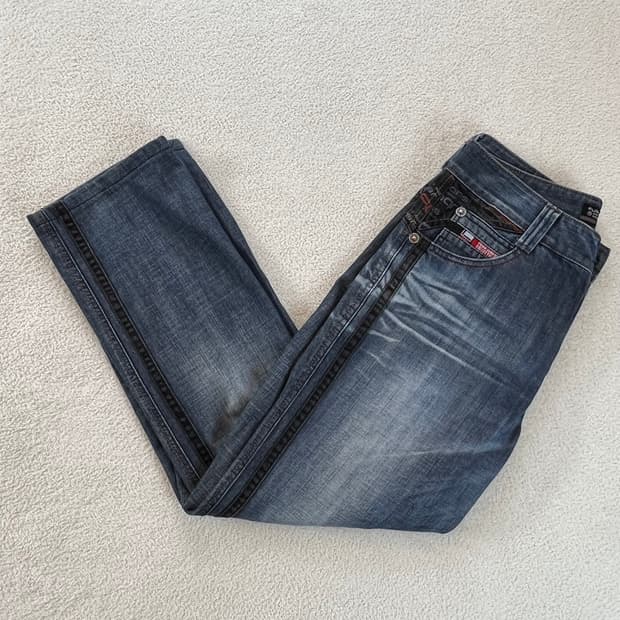 푸부 사이드 프린팅 데님팬츠