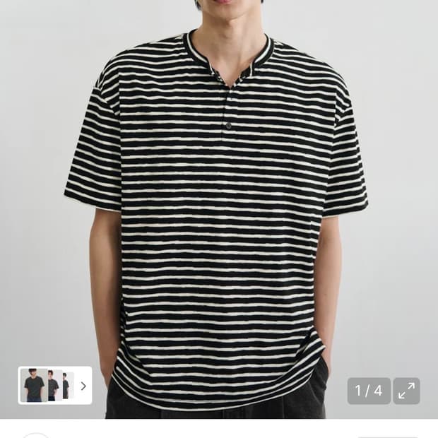 (XL) 드로우핏 러프 스트라이프 헨리넥 티셔츠 [BLACK] 반팔