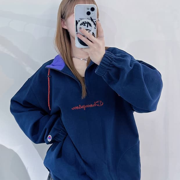 챔피언 네이비 스펠로고 코튼 반집업