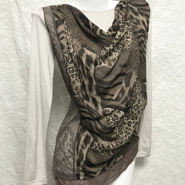 빈티지 vkei 갸루 레오파드 드레이프 롱슬리브 탑
