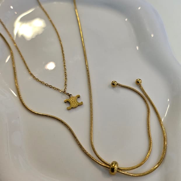 셀린느 업사이클링 두줄 레이어드 금장 목걸이