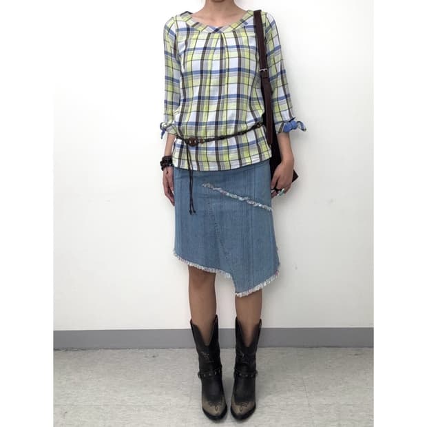 빈티지 연청 데님 미디 스커트