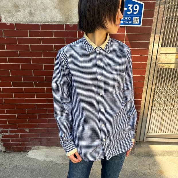 Beams 카라 배색 포인트 체크 코튼 셔츠 L