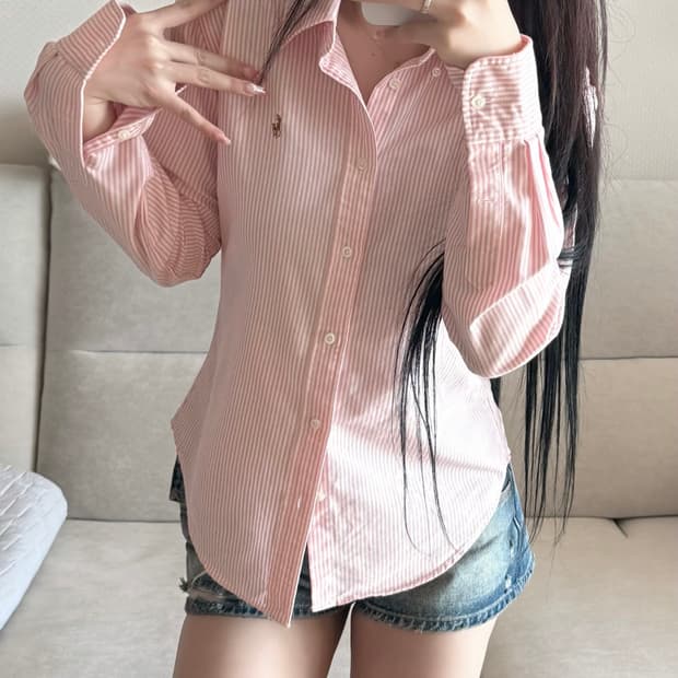 폴로 랄프로렌 딸기우유 핑크 슬림핏 스트라이프 셔츠