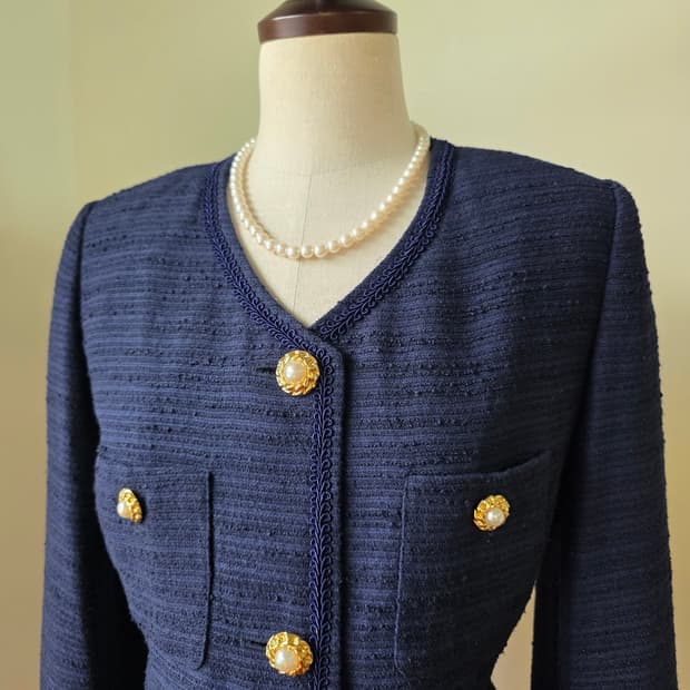 네이비 레이스 테이핑 부클 트위드 원피스