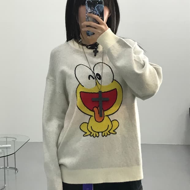 애니 배짱개구리 피욘키치 프린팅 니트