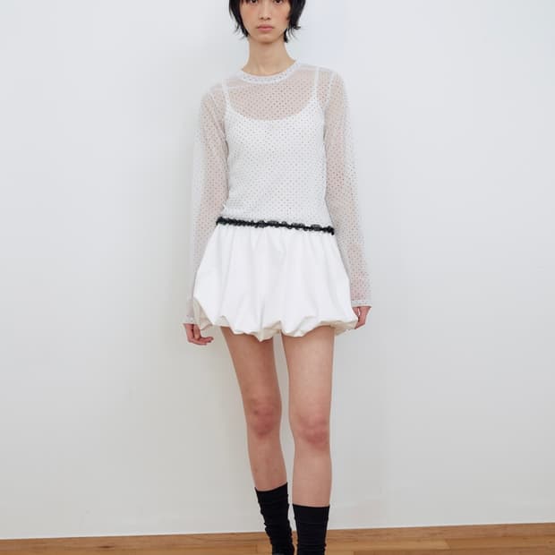 DOT MESH SHEER LONG SLEEVE TOP [WHITE]
