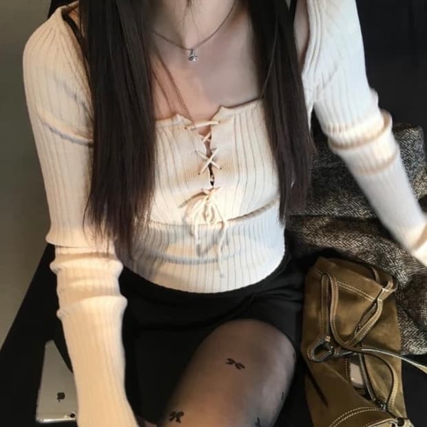 아워캐비넷 리본 골지 니트