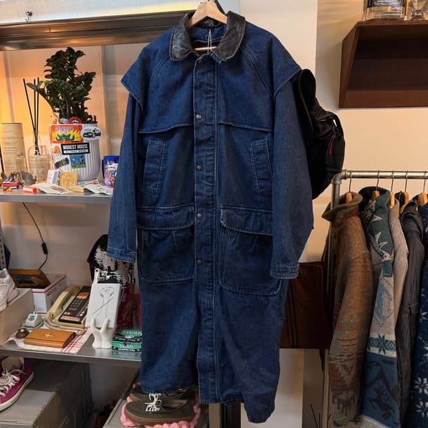 M ~ L 80 ~ 90S USA 울리치 데님 코트 레더 카라 에스닉 