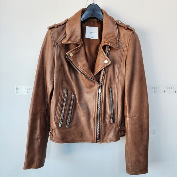 망고 가죽 라이더 자켓 브라운