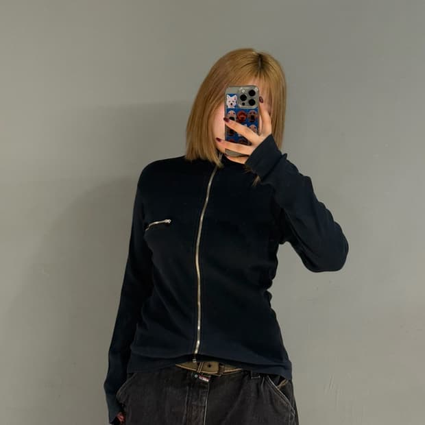 high-neck zipper point ribbed zip-up