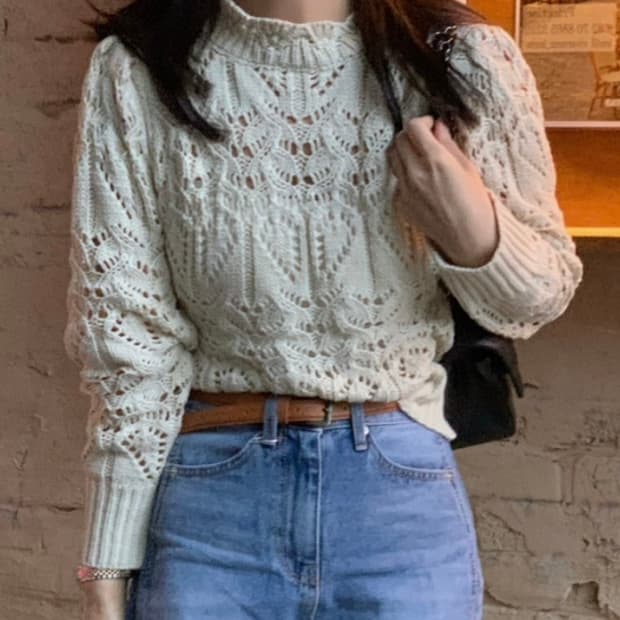 레이스 시스루 꽈배기 니트 크림