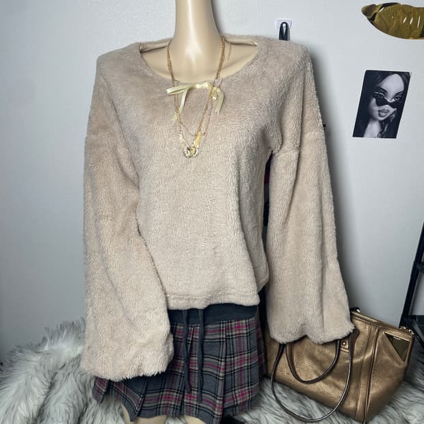 빈티지 벌룬핏 소매 퍼 리본 맨투맨