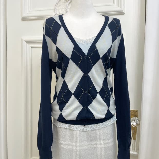 navy-sky blue argyle basic wool cardigan