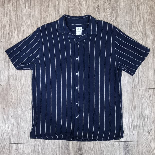 자라 스트라이프 니트 오픈넥 반팔 셔츠 XL _ 남성