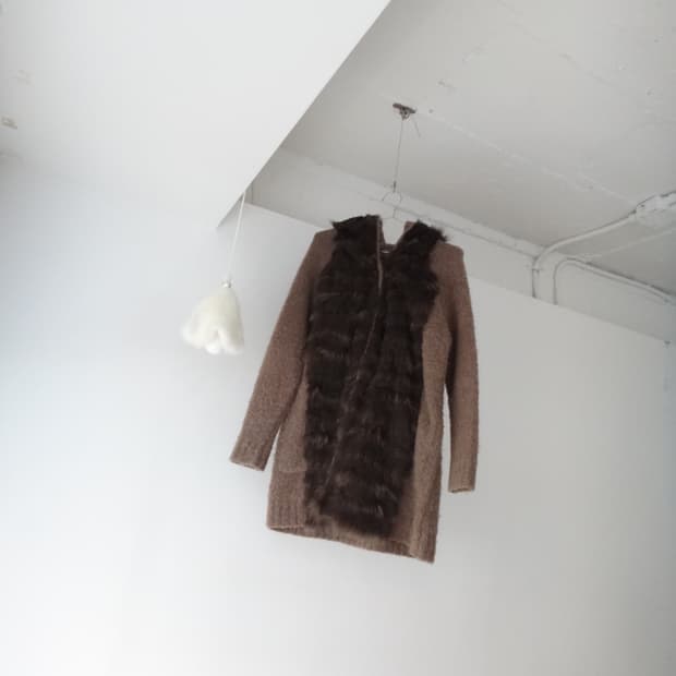Front fur mix hoody cardigan / brown