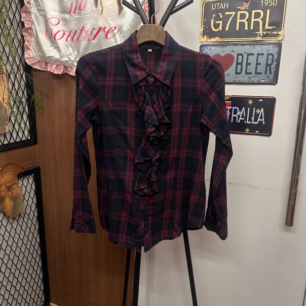 Navy Purple Check Ruffle Shirt