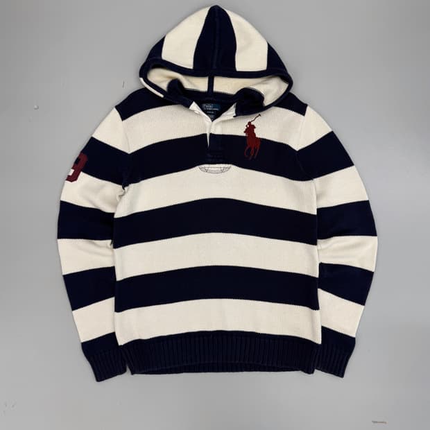 폴로 랄프로렌 루즈핏 빅포니 배색 코튼 니트 럭비 후드