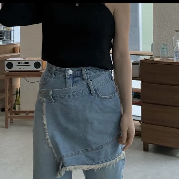 랩 스커트 데님 레이어드 팬츠