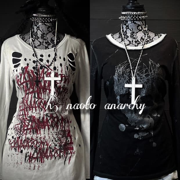 H. NAOTO ANARCHY 펑크 데미지 스컬 해골 양면 롱슬리브