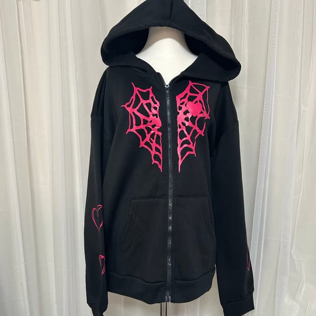 펑크 블랙&핑크 거미줄포인트 블랙 후드집업