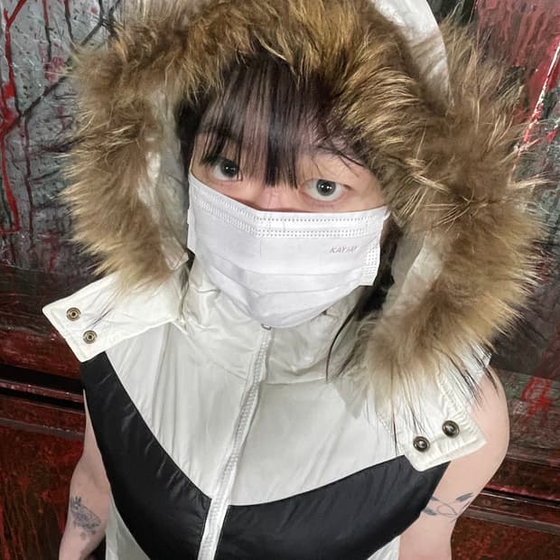 일본 빈티지 퍼 후드 베스트 패딩조끼 M