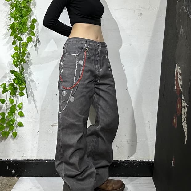 NONRADICAL 논래디컬 3D 체인 프린팅 힙합 와이드 데님 팬츠