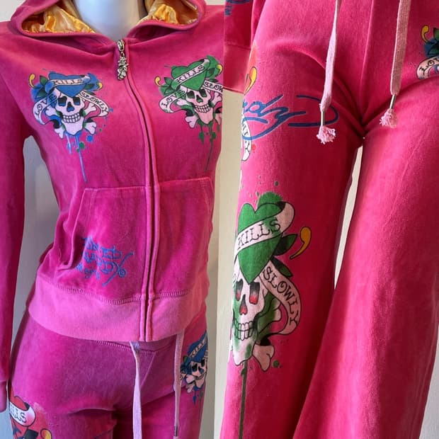 ed hardy 에드하디 스컬 큐빅 벨벳 핫핑크 셋업