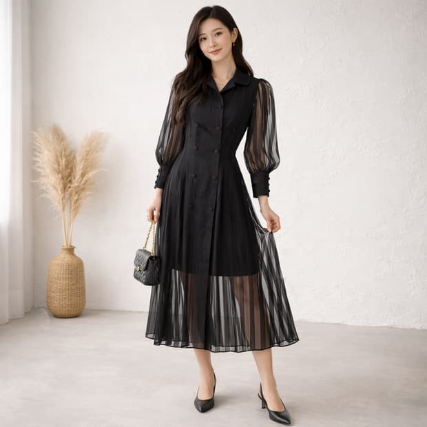 VanNzilL 블랙 시스루 프릴 카라 롱 원피스 F