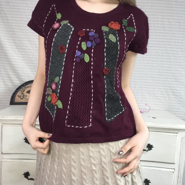 일본빈티지 딥퍼플 자수 크로세 니트