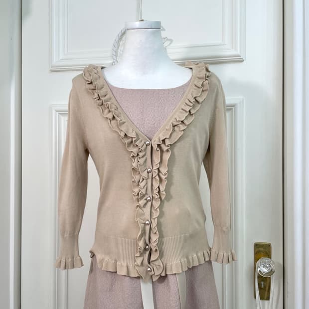 pink beige ruffle pearl point cardigan