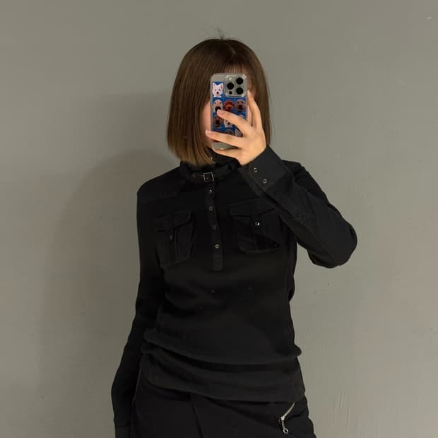 neck buckle pocket ribbed long sleeve