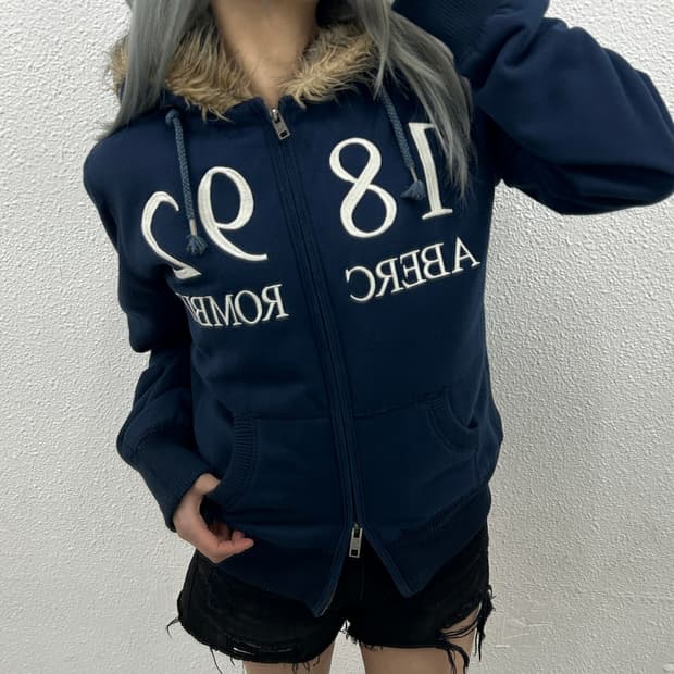 아베크롬비 자수로고 네이비 울프죠 후드집업 M