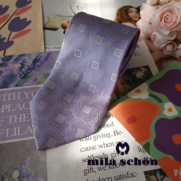 밀라숀 실크 바이올렛 기하 패턴 넥타이 9.5cm A등급 A19571
