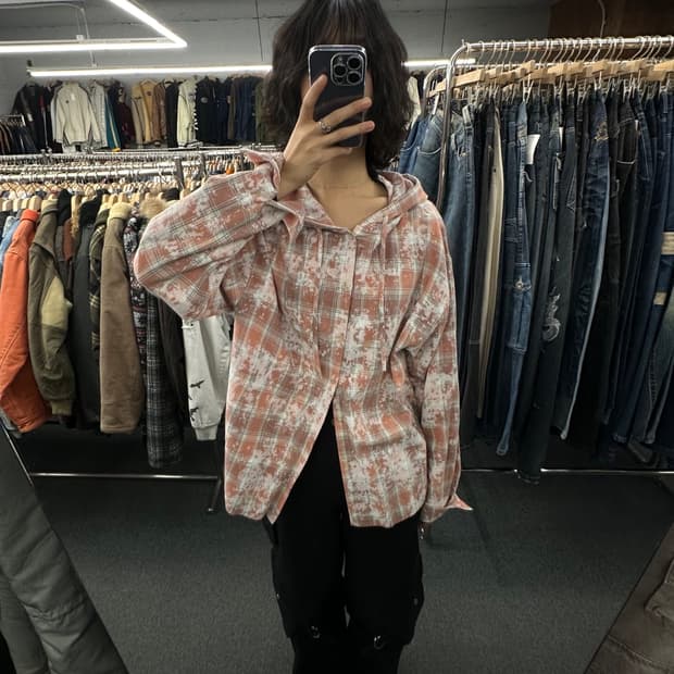 OS)빈티지 그런지 오버핏 후드 체크 셔츠