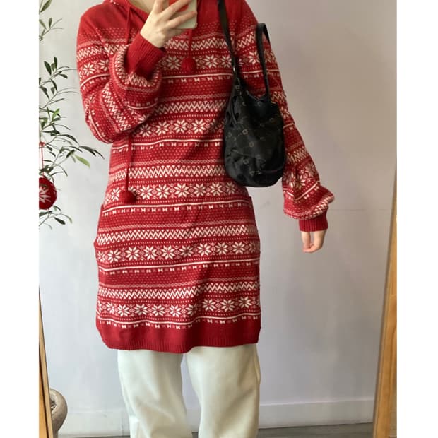 노르딕패턴 후드 니트 원피스