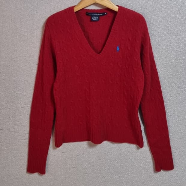 실측 XS (44) 폴로 레드 브이넥 꽈배기 니트