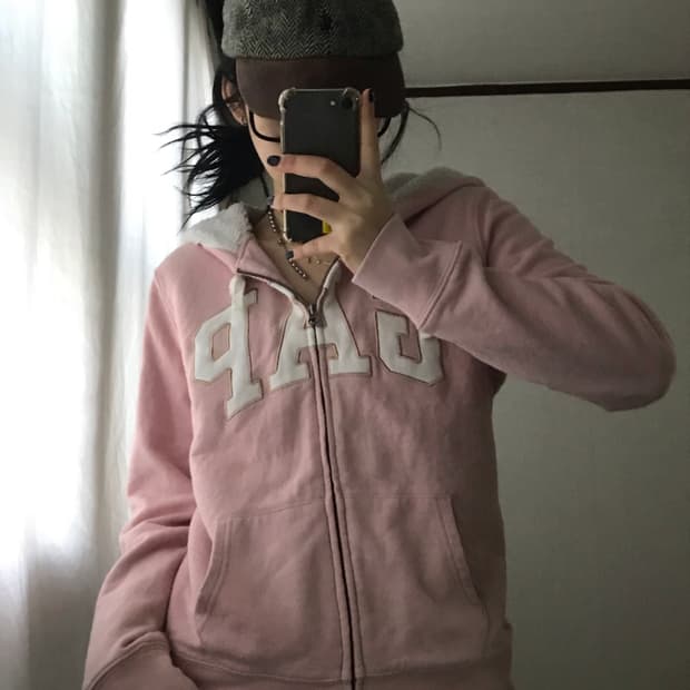 갭 연핑크 퍼후드집업