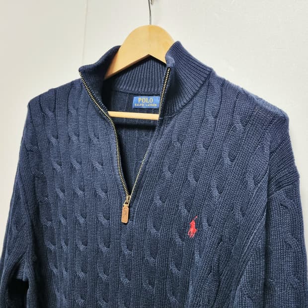 남성 2022 폴로 QR인증 하프집업 네이비 케이블 꽈배기 긴팔 니트