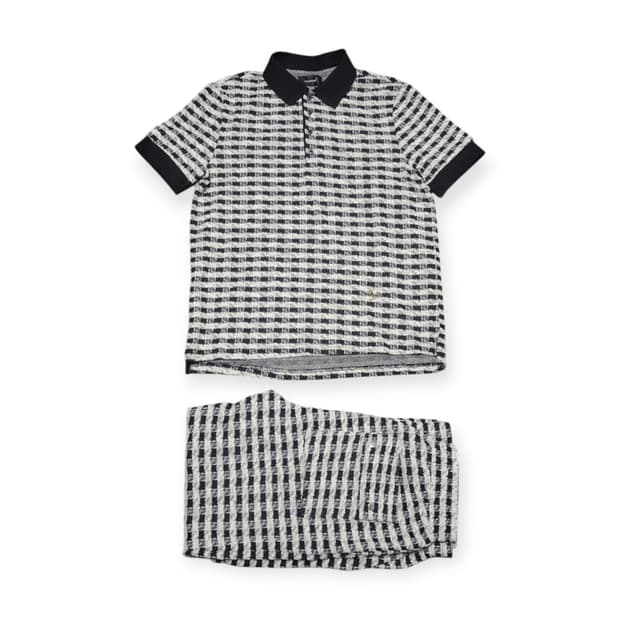 L)트위드 감성 니트 셋업 체크 패턴 카라 니트 상하의 세트