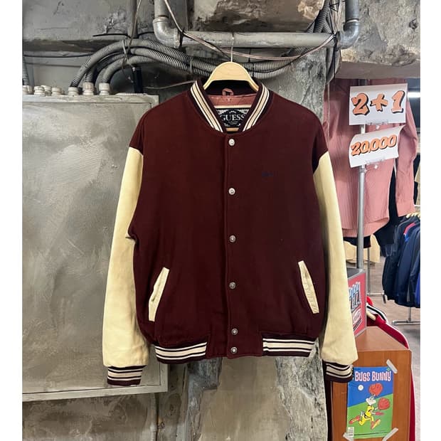 게스 울 소가죽 스타디움 자켓 버건디 95 #csz3242
