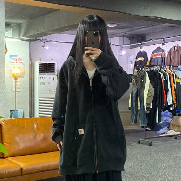 칼하트 루즈핏 로고패치 미드웨이트 블랙 후드집업B5137