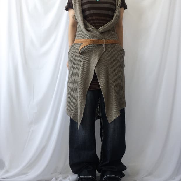 Drape knit hood open cardigan