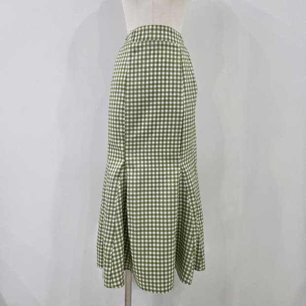 그린 깅엄 체크 머메이드 롱 스커트