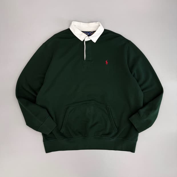 폴로 랄프로렌 오버사이즈 신형 QR라벨 딥그린 포켓 져지 럭비 셔츠