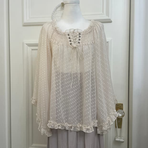 cool ivory lace-up dot long sleeve blous