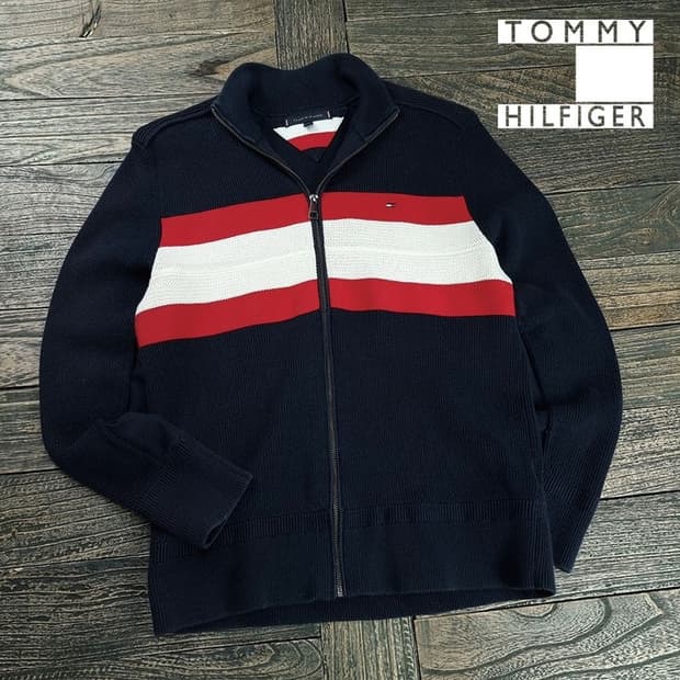 [타미힐피거] 스몰 로고 자수 니트 집업 가디건 M19499